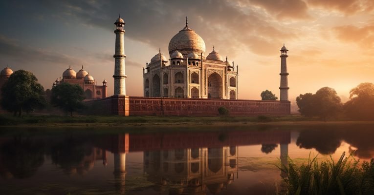 Sunset reflection on ancient mausoleum marble tomb generated by artificial intelligence